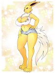 anthro anthrofied big_breasts biped bottomwear breasts cleavage clothed clothing daisy_dukes denim denim_bottomwear denim_clothing denim_shorts eyelashes female fur hand_on_hip hotpants navel pokemorph shirt shorts simple_background solo thick_thighs three-quarter_view topwear yellow_body yellow_fur leonkatlovre nintendo pokemon eeveelution generation_1_pokemon jolteon pokemon_(species) 3:4 hi_res