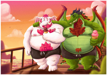 anthro beard belly big_belly bottomwear bridge bulge clothing cloud dessert duo eyes_closed facial_hair food green_body hug ice_cream male male/male moobs nipples outside overweight overweight_male shorts tusks walking water 06betos11 mythology dragon elephant elephantid mammal mythological_creature mythological_scalie proboscidean scalie 2026 hi_res