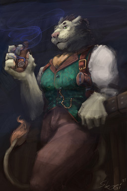 anthro arm_support ascot chain cigar claws clothing digitigrade green_eyes gun handgun holster holstered_pistol leaning leaning_on_elbow male pawpads ranged_weapon revolver rolled_up_sleeves smoking solo tail tail_tuft tobacco topwear tuft vest weapon whiskers skogi felid feline lion mammal pantherine 2:3 absurd_res hi_res