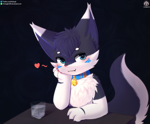 anthro bell bell_collar blush collar container cup cute_fangs fangs fur grey_body grey_fur heart_symbol hearts_around_head looking_at_viewer male pawpads sitting solo teeth text senz canid canine domestic_cat felid feline felis fox mammal absurd_res hi_res url