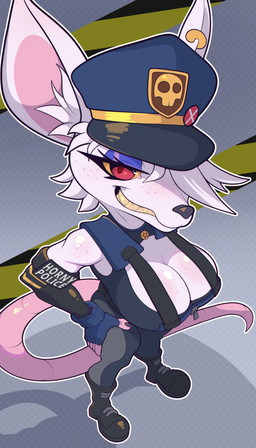 anthro big_breasts breasts clothed clothing ear_piercing eyelashes eyeshadow female fingerless_gloves freckled_breasts freckled_face freckled_shoulders freckles glistening_eyelids gloves half-closed_eyes handwear high-angle_view horny_police long_eyelashes long_tail makeup narrowed_eyes officer piercing purple_eyeshadow smile smiling_at_viewer solo tail text snappygrey officer_flint_(foresttherotten) mammal murid murine rat rodent 2026 absurd_res english_text hi_res