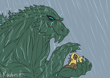 clothing coat duo feral holding_another male muscular open_mouth raincoat raining scales shielding simple_background size_difference spikes spikes_(anatomy) spines topwear wet ruubeszdraws godzilla_(series) toho godzilla kaiju reptile scalie hi_res