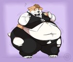 anthro belly big_belly big_butt bodily_fluids bow_tie brown_hair butt button_(fastener) cake cheesecake chubby_cheeks claws clothed clothing dessert embarrassed flying_sweatdrops food formal_wear fur hair holding_cake holding_food holding_object male moobs morbidly_obese navel obese obese_anthro obese_male overweight overweight_anthro overweight_male solo standing straining_buttons sweat sweatdrop tan_body tan_fur thick_thighs tight_clothing toe_claws topwear torn_clothing vest white_body white_fur wide_hips animous gillpanda theo_(corpulent_corgi) canid canine canis domestic_dog herding_dog mammal pastoral_dog welsh_corgi