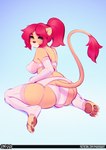 4_toes anthro biped bra breasts bulge butt clothing feet felid garter_straps gynomorph hi_res intersex kneeling lion looking_at_viewer looking_back mammal pantherine panties smile solo thick_thighs toes tsudamaku underwear