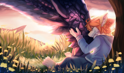 4_toes anthro barefoot claws clothed clothing duo eyes_closed feet feral flower fur grass hair hug male orange_hair plant sunset toes warm yellow_body yellow_fur kuttoyaki mythology kutto dragon furred_dragon furred_scalie mythological_creature mythological_scalie scalie hi_res