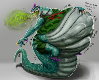 abdominal_bulge anthro belly big_belly bodily_fluids bottomwear burp_cloud burping claws clothed clothing dialogue facial_piercing fangs footwear hand_on_belly jersey jewelry looking_at_viewer male muffled_speech multicolored_claws necklace nose_piercing nose_ring obese obese_anthro obese_male open_mouth overweight overweight_anthro overweight_male piercing ring_piercing rumbling_stomach saliva saliva_on_tongue saliva_string shirt shoes shorts sitting sitting_on_tail soft_vore solo sound_effects teeth text tongue tongue_out topwear vore ian-exe goat_(movie) sony_corporation sony_pictures modo_olachenko komodo_dragon lizard monitor_lizard reptile scalie 2026 hi_res signature