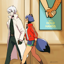 ahoge belt black_hair blue_body blue_eyes blue_fur blue_hair bottomwear brown_body brown_fur clothed clothing coat collar duo female fluffy fluffy_tail fully_clothed fur gloves gloves_(marking) hair hand_holding handwear jacket male markings poster shorts tail text topwear walking white_hair snocotan brand_new_animal studio_trigger michiru_kagemori shirou_ogami canid canine human mammal raccoon_dog tanuki 1:1 2020 english_text