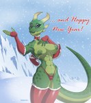 5_fingers abs anthro areola armwear athletic athletic_female bell bell_collar breasts camel_toe christmas_clothing clothing collar detailed_background dialogue elbow_gloves eyebrows fangs female fingerless_gloves fingers gloves green_areola green_body green_markings green_nipples handwear head_markings holidays horn humanoid_hands looking_at_viewer markings mountain nipples non-mammal_breasts outside purple_eyes scales snow snowing solo spots spotted_markings talking_to_viewer teeth text wardrobe_malfunction paranoiya christmas lizard reptile scalie 2023 artist_name digital_media_(artwork) english_text hi_res signature