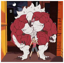 4_fingers abs anthro anthrofied biceps big_muscles border bottomwear claws clothing duo fingers flexing footwear front_view fur holding_object holding_pokeball huge_muscles hyper hyper_muscles larger_anthro larger_male looking_at_viewer male muscular muscular_male pants pecs pokeball pokemorph pose quads red_body red_eyes red_fur shirt shoes size_difference smaller_human smaller_male smile standard_pokeball standing topwear triceps white_body white_border white_fur signirsol nintendo pokemon canid canine generation_7_pokemon human lycanroc mammal midnight_lycanroc pokemon_(species) werecanid werecreature aliasing digital_media_(artwork)