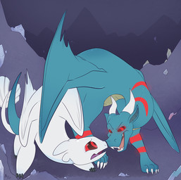 2_horns back_wings cave claws duo eye_contact female feral grey_body horn hypnosis hypnotic_eyes inside looking_at_another male markings membrane_(anatomy) membranous_wings mind_control open_mouth quadruped red_eyes red_markings ringed_eyes standing teeth tongue white_body wings fuf dreamworks european_mythology how_to_train_your_dragon mythology dragoviir nubless dragon fury_(httyd) light_fury mythological_creature mythological_scalie scalie western_dragon 2019 hi_res