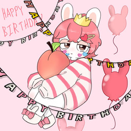 accessory anthro balloon bangs bent_legs birthday blush brown_eyes closed_smile clothed clothed_anthro clothed_female clothing crown eyelashes female female_anthro food footwear fruit fur hair hair_accessory hairclip headgear holding_food holding_fruit holding_object holding_peach inflatable light long_ears looking_at_viewer mouth_closed noseless pantsless_anthro pantsless_female pattern_clothing pattern_sweater pattern_topwear peach_(fruit) pink_background pink_bow pink_clothing pink_hair pink_stripes pink_sweater pink_topwear plant shoes short_hair simple_background sitting sleeves_past_fingers smile smiling_at_viewer solo stickers_on_face striped_clothing striped_sweater striped_topwear stripes sweater tan_eyelids tan_inner_ear text topwear white_body white_clothing white_footwear white_fur white_shoes peypey_mei1925 raving_rabbids rayman_(series) ubisoft fan_character pey_(peypey_mei1925) lagomorph mammal rabbid 1:1 2024 artist_name colored digital_drawing_(artwork) digital_media_(artwork) english_description english_text full-length_portrait hi_res lighting portrait shaded