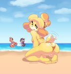 anthro beach big_breasts breasts eyes_closed feet female fur group kneeling rear_view sea smile splash tail tongue tongue_out trio water yellow_body yellow_fur buttercolors animal_crossing nintendo audie_(animal_crossing) isabelle_(animal_crossing) sable_able canid canine eulipotyphlan fox hedgehog mammal absurd_res hi_res