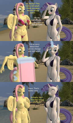 anthro anthrofied areola beach big_breasts bikini biped blue_eyes breasts clothed clothing dialogue duo eyelashes feathered_wings feathers female genitals hair horn long_eyelashes nipple_outline nipples o-ring o-ring_bikini o-ring_swimwear one-piece_swimsuit palm_tree pink_hair plant pupils purple_hair red_clothing side-tie_bikini sling_bikini string_bikini swimwear text tree two-piece_swimsuit vulva white_body wings yellow_body papadragon69 friendship_is_magic hasbro my_little_pony mythology fluttershy_(mlp) rarity_(mlp) equid equine mammal mythological_creature mythological_equine pegasus unicorn 3d_(artwork) absurd_res comic digital_media_(artwork) english_text hi_res