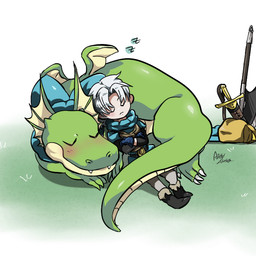 3_toes anthro armor axe bag black_boots black_clothing black_footwear blue_clothing blue_collar blue_shirt blue_topwear blue_tunic blush boots clothing collar crossed_arms curled_up fangs feet female footwear grass green_body hair head_wings leather leather_armor male male/female melee_weapon membrane_(anatomy) membranous_wings plant pointy_ears sharp_teeth shirt shoes simple_background sleeping sleeping_together sound_effects sword teeth toes topwear tunic unusual_wing_placement vowelless vowelless_sound_effect weapon white_background white_hair wings zzz aier131 dragon_quest dragon_quest_vi mythology square_enix lizzie_(dragon_quest) terry_(dragon_quest) battlerex dragon hacksaurus human mammal mythological_creature mythological_scalie scalie signature