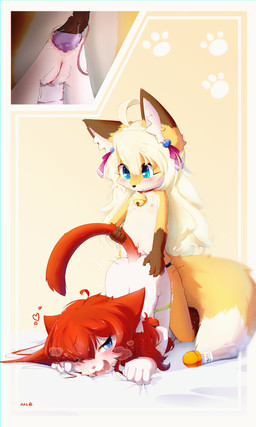 anal anal_penetration anthro anus bell bell_collar blonde_hair blue_eyes blush bodily_fluids butt clitoris clothed clothing collar dildo dildo_in_ass dildo_insertion duo ear_piercing egg_vibrator female female/female female_penetrated female_penetrating female_penetrating_female flat_chested fur genital_fluids genitals hair heart_symbol interspecies masturbation navel nipples nude object_in_ass panties panties_down partially_clothed penetration piercing red_hair sex sex_toy sex_toy_in_ass sex_toy_insertion spread_legs spreading strapon strapon_in_ass strapon_insertion strapon_sex toying_partner underwear underwear_down vaginal vaginal_fluids vaginal_masturbation vibrator vulva wearing_strapon white_body white_fur yellow_body yellow_fur young young_anthro aas miu_(aas) sarana_(knotthere) canid canine domestic_cat felid feline felis fox mammal 3:5 absurd_res hi_res