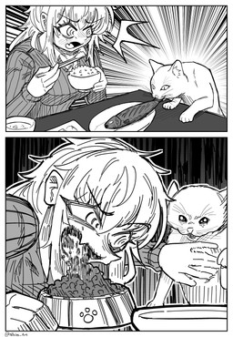 ambiguous_gender bodily_fluids chopsticks crying eating female feral fingers food fur holding_chopsticks holding_object larger_female larger_human open_mouth rice size_difference smaller_ambiguous smaller_feral tears tongue nhim domestic_cat felid feline felis human mammal 2koma absurd_res comic hi_res monochrome
