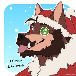 anthro beard black_nose brown_beard brown_body brown_facial_hair brown_fur brown_mustache brows christmas_clothing christmas_headwear clothing costume ears_up facial_hair fur hat headgear headwear heterochromia holidays male mustache pink_tongue santa_costume santa_hat solo tan_body tan_fur teeth tongue tongue_out soradezwolfox christmas merr_chrismas species_request 1:1