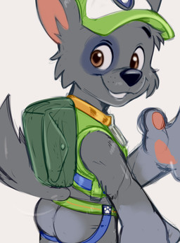 anthro baseball_cap black_nose blue_clothing blue_jockstrap blue_underwear brown_eyes butt cheek_tuft clothed clothing collar eyebrows facial_tuft freckled_face freckles gesture green_clothing green_jockstrap green_topwear green_underwear green_vest grey_body happy hat headgear headwear inner_ear_fluff jockstrap looking_back male orange_collar pantsless rear_view simple_background smile solo standing teeth topwear tuft underwear vest waving white_background young young_anthro young_male dandi paw_patrol rocky_(paw_patrol) canid canine canis domestic_dog mammal mixed_breed 2024 colored digital_media_(artwork)