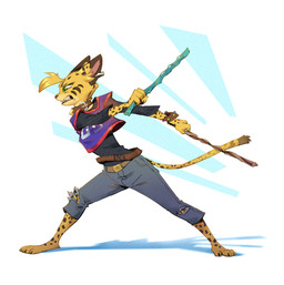action_pose angry anthro arnis barefoot belt bottomwear bracelet claws clothing collar denim denim_bottomwear denim_clothing feet female fur green_eyes head_tuft holding_object holding_weapon jeans jersey jewelry long_sleeves markings pants pose shirt side_view simple_background solo spiked_bracelet spikes spots spotted_body spotted_fur spotted_markings toe_claws topwear torn_bottomwear torn_clothing torn_jeans torn_pants tuft weapon yellow_body yellow_fur ruffu pepper_in_the_sandbox pepper_(ruffu) felid feline mammal serval digital_drawing_(artwork) digital_media_(artwork) full-length_portrait portrait