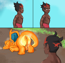 anus balls butt duo genitals imminent_bestiality imminent_pokephilia imminent_sex interspecies male male/male membrane_(anatomy) membranous_wings penis presenting presenting_hindquarters wings heardnoevil mythology nintendo pokemon kiawe_(pokemon) charizard dragon generation_1_pokemon human mammal mythological_creature mythological_scalie pokemon_(species) scalie comic