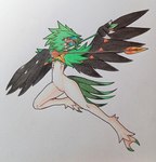 anthro arrow_(weapon) black_wings feathers feet female green_body green_feathers looking_at_viewer ranged_weapon solo talons toes weapon wings ideltasarc333 nintendo pokemon vanith_(nyxcha) avian decidueye generation_7_pokemon pokemon_(species) absurd_res hi_res