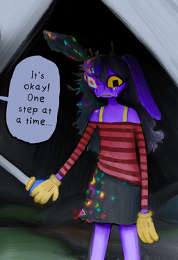anthro big_ears big_eyes black_bottomwear black_clothing black_hair black_skirt blue_clothing blue_gloves blue_handwear bodily_fluids bottomwear clothing crying dialogue duo female fur gloves hair hand_holding handwear messy_hair multi_eye off-shoulder_top purple_body purple_fur red_clothing red_shirt red_topwear shirt skirt speech_bubble standing tears text topwear white_body yellow_clothing yellow_gloves yellow_handwear lovethrupoke glitch_productions the_amazing_digital_circus gooseworx's_post-transition_jax_design jax_(tadc) pomni_(tadc) abstraction_(tadc) humanoid lagomorph leporid mammal rabbit 2026 absurd_res english_description english_text hi_res trans_(lore) trans_woman_(lore)