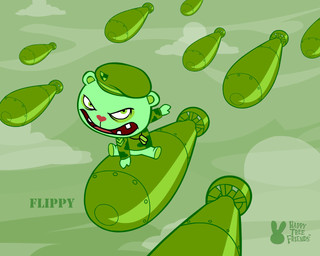 anthro clothing cloud green_body green_clothing green_eyes male nuke sky solo tear_trough text unknown_artist happy_tree_friends flippy_(htf) fliqpy_(htf) bear mammal 5:4 english_text official_art wallpaper