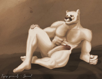 abs anthro balls body_hair brown_background brown_body brown_fur brown_nose brown_penis clothing erection fur genitals humanoid_genitalia humanoid_penis looking_aside lounging male muscular muscular_anthro muscular_male note nude pecs penis photo pose red_eyes simple_background smile solo vein veiny_penis vintage whisker_spots whiskers white_body vajtheunholy echo_(series) echo_project the_smoke_room samuel_ayers cougar felid feline mammal hi_res monochrome sepia