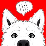 anthro black_nose eye_contact feral fluffy_ears fur grey_eyes looking_at_another male red_background simple_background solo speech_bubble text white_body white_fur john_howl canid canine canis mammal wolf 1:1 absurd_res digital_drawing_(artwork) digital_media_(artwork) flat_colors headshot_portrait hi_res portrait