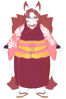 anthro armwear asian_clothing breasts chest_tuft clothing east_asian_clothing elderly elderly_female eyewear female footwear fur geta glasses grey_hair hair japanese_clothing kemono kimono mature_female multi_tail overweight overweight_female pink_clothing pink_eyes red_body red_fur red_hair sagging_breasts sandals shoes socks socks_with_sandals solo tail tuft white_body white_fur wrinkles yellow_clothing homemosaco asian_mythology east_asian_mythology japanese_mythology mythology matsu_sensugi canid canine fox mammal yokai hi_res grandmother_(lore) grandparent_(lore)
