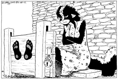 3_toes angry anthro arm_under_breasts barefoot border breast_squeeze breasts brick brick_wall claws cleavage clothed clothing crossed_arms dirty dirty_clothing feet female foot_focus grumpy half-closed_eyes hindpaw lock narrowed_eyes padlock pawpads paws plantigrade restraints sitting soles solo squeezing stocks tail toe_claws toes wall_(structure) whiskers white_border tegerio zandar's_saga zandar_skonk mammal mephitid skunk monochrome