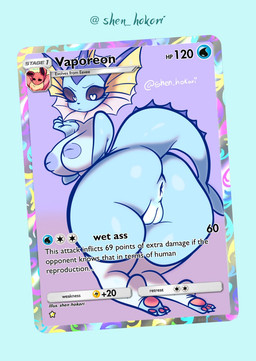 anthro bent_over big_breasts big_butt breasts butt female feral heart_eyes heart_symbol interspecies pokemon_card pokephilia solo shen_hokori nintendo pokemon eeveelution generation_1_pokemon pokemon_(species) vaporeon hi_res