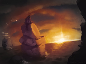 anthro duo entwined_tails head_on_shoulder horn intersex outside plant sea sitting sunset tail tail_coil tree water wings conditional_dnp pawpadcomrade elana_(altrue) tahara_(altrue) ambient_bird 2025 4:3