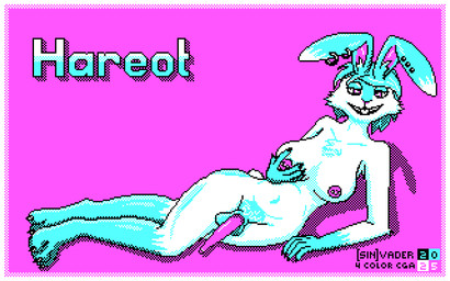 4_colors animal_genitalia animal_penis anthro arm_support balls barbell_piercing blue_body blue_fur blue_hair border breasts buckteeth cga cheek_tuft chest_tuft digitigrade ear_piercing erection eyeliner facial_tuft feet fur furgonomic_piercing furgonomics genitals gynomorph hair hand_on_breast intersex lagomorph_penis leaning_on_elbow long_ears looking_at_viewer lying makeup nipple_piercing nipples nude on_side penis piercing ring_piercing short_hair simple_background smile smiling_at_viewer solo teeth text tuft white_body white_border white_fur [in]vader hareot_([in]vader) hare lagomorph leporid mammal 16:10 digital_media_(artwork) dithering pixel_(artwork) restricted_palette widescreen