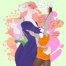 anthro big_breasts breast_squish breasts clothing dialogue dress duo female female/female fur grey_body grey_fur hand_on_breast horn huge_breasts legwear nipple_outline rabbit_ears scut_tail shirt short_tail squish t-shirt tail tights topwear white_body white_fur flup_nyan disney undertale_(series) zootopia judy_hopps toriel lagomorph leporid mammal rabbit 1:1 absurd_res comic hi_res tagme