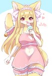 accessory alternative_fashion anthro blep blonde_hair blush breasts clothed clothing cutout dessert dress female female_anthro food fur garter gyaru hair heart_keyhole_clothing heart_symbol hime_gyaru holding_food holding_ice_cream holding_ice_cream_cone holding_object ice_cream ice_cream_cone j-fashion kemono keyhole_clothing keyhole_dress looking_at_viewer navel navel_cutout pink_clothing pink_dress pink_eyes solo tail tongue tongue_out white_body white_fur yellow_body yellow_fur sai_(artist) domestic_cat felid feline felis mammal 2022 digital_media_(artwork) hi_res