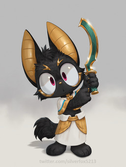 anthro black_body black_fur clothed clothing collar egyptian egyptian_clothing fur grey_background khopesh looking_at_viewer male melee_weapon pink_eyes pointing_at_object simple_background solo sword text weapon whiskers yellow_body yellow_fur silverfox5213 egyptian_mythology middle_eastern_mythology mythology anubis anubian_jackal canid canine canis deity jackal mammal 2025 hi_res url
