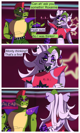 anthro arcade belt belt_buckle blurred_background bracelet buckle claws clothing countershade_face countershade_torso countershading dialogue duo ear_piercing ear_ring eyebrows eyewear female finger_claws fingers green_body green_hair hair inside jewelry looking_at_another machine male markings mohawk open_mouth piercing pointy_ears prick_ears purple_body purple_eyelids rear_view red_clothing red_hair red_shirt red_topwear ring_piercing shadow sharp_teeth shirt snout speech_bubble spiked_belt spiked_bracelet spikes spots spotted_body standing star star_sunglasses sunglasses teeth topwear white_hair yellow_body ridicbird five_nights_at_freddy's five_nights_at_freddy's:_security_breach scottgames steel_wool_studios montgomery_gator roxanne_wolf alligator alligatorid animatronic canid canine canis crocodilian mammal reptile robot scalie wolf 2023 absurd_res digital_media_(artwork) hi_res signature