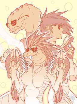 3_fingers anthro arm_feathers arm_tuft bodysuit breasts clothing dual_wielding energy_sword energy_weapon eyewear facial_piercing feather_hair feathered_crest feathers female fingers group head_crest heart-shaped_sunglasses holding_object holding_weapon jewelry male mandibles melee_weapon needler non-mammal_breasts nose_piercing nose_ring pendant piercing pseudo_hair ring_piercing sharp_teeth skinsuit sunglasses sword teeth tight_clothing trio tuft weapon spartankay515 halo_(series) microsoft xbox_game_studios zir-zen alien human ibie'shan kig-yar mammal sangheili scalie hi_res