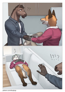 anthro apartment balls bodily_fluids bottomless bottomless_anthro bottomless_male brown_body brown_fur clothed clothing collared_shirt fellatio foreskin fur furniture genitals grey_body grey_fur group humanoid_genitalia jacket kemono male male/male multicolored_body multicolored_fur oral orange_body orange_fur penile penis pointy_ears sex shirt sleeping sofa sweat sweatdrop sweater topwear trio two_tone_body two_tone_fur unretracted_foreskin white_body white_fur pngx canid canine equid equine fox horse lagomorph leporid mammal rabbit absurd_res comic hi_res