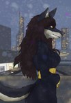 anthro black_body black_clothing black_dress black_fur breasts brown_hair building butt city cityscape clothed clothing dress female fur grey_nose hair outside raining smile solo tail topwear water wet wet_body wet_clothing white_body white_fur yellow_clothing yellow_eyes sky-rouge canid canine canis domestic_dog husky mammal nordic_sled_dog spitz absurd_res digital_media_(artwork) hi_res