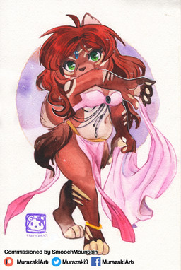 abstract_background anthro belly_dancer biped breasts chibi clothed clothing dancing digitigrade female fur hair harem_outfit looking_at_viewer navel overweight overweight_anthro overweight_female slightly_chubby solo standing murazaki mammal absurd_res hi_res painting_(artwork) traditional_media_(artwork) traditional_painting_(artwork) traditional_watercolor_(artwork) watercolor_(artwork)