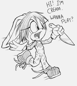 anthro biped clothed clothing costume dialogue female floppy_ears footwear gloves hair halloween_costume handwear holding_knife holding_object holidays knife long_ears lop_ears open_mouth overalls pattern_clothing pattern_shirt pattern_topwear running shirt shoes short_hair simple_background sneakers solo striped_clothing striped_shirt striped_topwear stripes text tongue topwear writing_on_clothes young young_anthro young_female jumpjump chucky_(series) halloween sega sonic_the_hedgehog_(series) chucky_(chucky_series) cream_the_rabbit lagomorph leporid mammal rabbit 2025 english_text hi_res monochrome