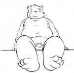 anthro balls belly biped black_nose eyes_closed flaccid genitals humanoid_genitalia humanoid_hands humanoid_penis male moobs navel nipples overweight overweight_anthro overweight_male penis sitting small_penis solo neiiio bear mammal 2019 hi_res monochrome