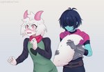 2_horns 5_fingers ambiguous_gender anthro armor blue_body blue_hair blue_skin blush cute_fangs duo eyewear fangs femboy fingers fur glasses hair heart_symbol hidden_eyes horn male pink_eyes pink_horn scarf surprised_expression tail tail_grab teeth white_body white_fur aamakuruu deltarune undertale_(series) kris_(deltarune) ralsei bovid caprine goat human mammal