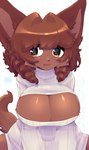 anthro bangs big_breasts big_ears blush blush_lines breasts brown_body brown_fur brown_hair cheek_tuft cleavage cleavage_cutout clothed clothing curled_hair cutout drill_curls facial_tuft female fluffy fluffy_tail fur glistening glistening_breasts hair hair_shine hi_res huge_breasts nervous nervous_smile short_hair simple_background solo spread_legs spreading sweater tail takkunaki topwear tuft white_background yellow_eyes yoko_(takkunaki)