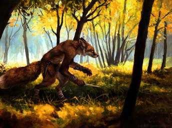 5_fingers amber_eyes ambiguous_gender anthro armband armor autumn bandage black_lips black_nose bottomwear bracers brown_body brown_fur claws clothed clothing crouching dagger detailed_background digitigrade ears_back fingers fluffy fluffy_tail forest fur grass humanoid_hands hunting inner_ear_fluff lips loincloth long_mouth melee_weapon nature no_sclera orange_body orange_eyes orange_fur outside photorealism pivoted_ears plant realistic scabbard side_view sneaking snout solo tail topless tree tribal tuft weapon whiskers white_body white_claws white_fur kenket canid canine fox mammal red_fox true_fox 2015 detailed hi_res
