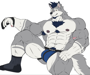 5_fingers abs anthro barazoku beard biceps biped claws facial_hair fingers humanoid_hands male muscular muscular_anthro muscular_male muscular_thighs navel nipples pecs simple_background solo white_background znone55 vtuber dachrom canid canine canis mammal wolf 2025 colored hi_res