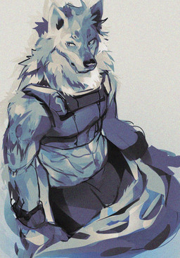 abs anthro armor big_tail black_body black_bottomwear black_clothing black_nose black_scales black_shorts bottomwear breastplate clothing cuff_bracelet fangs fur male midriff muscular muscular_male scales shorts simple_background solo tail tail_scales teeth white_body white_fur wintom guntai_(wintom) canid canine canis hybrid mammal wolf 2021 digital_media_(artwork) hi_res portrait shaded