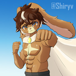 angry anthro big_ears brown_body brown_fur brown_hair cape clothing fur hair kemono looking_at_viewer male muscular orange_eyes solo superhero white_hair shiryv lagomorph leporid mammal rabbit 1:1 absurd_res hi_res